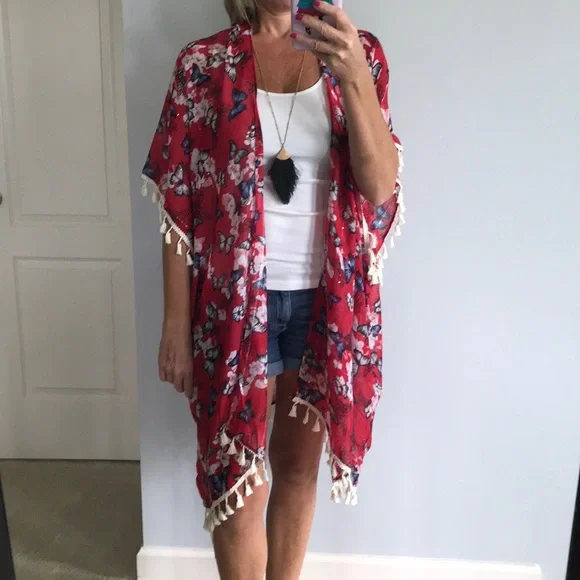 Red, Floral & Butterfly Print Kimono - Picture 2 of 8